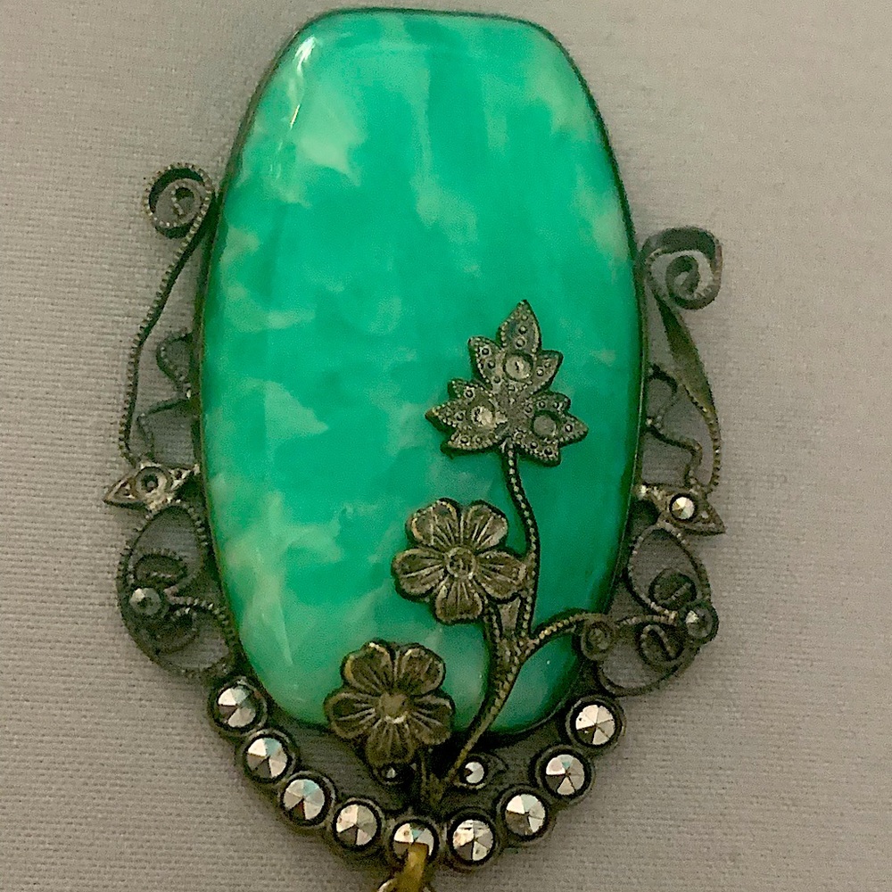 Vintage Art Deco Faux Jade and Marcasite Necklace